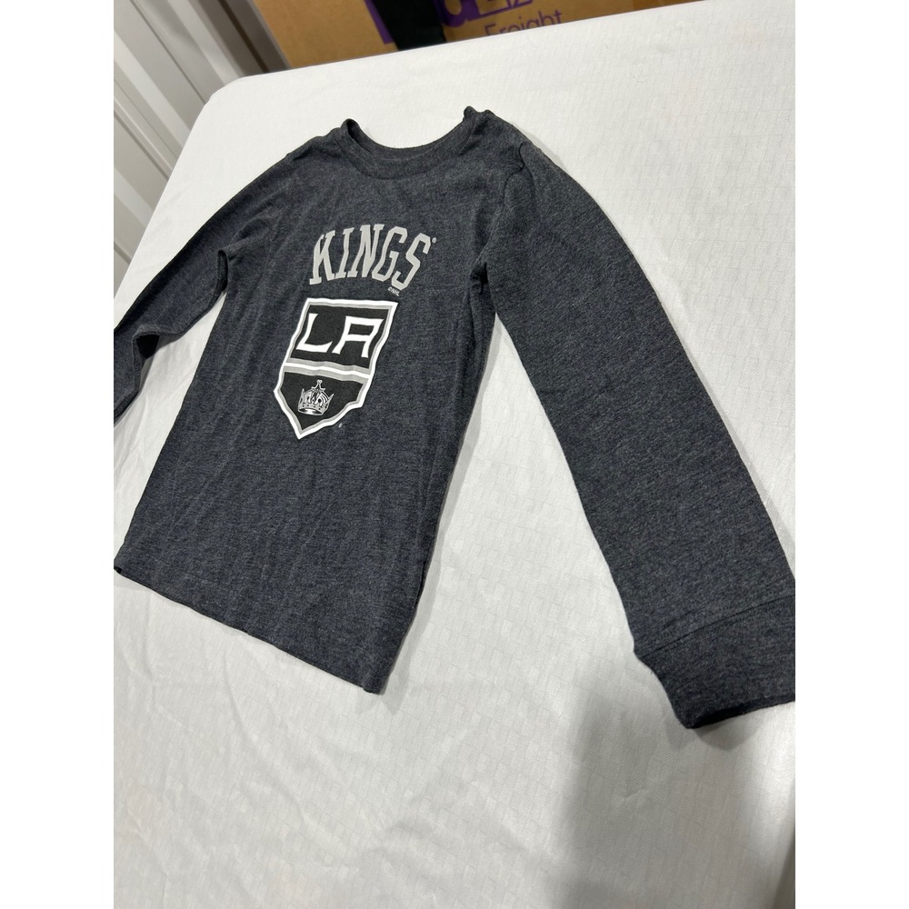 Vintage LA Kings NHL Boys Long Sleeve Shirt Charcoal Grey Shield Logo XS 5